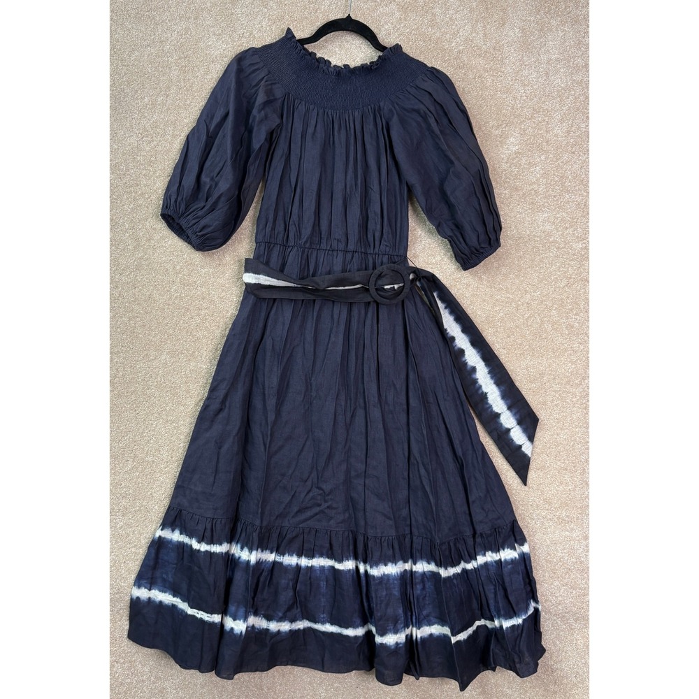SACHIN & BABI Linen Midi Dress Womens 4 Navy Blue Smocked Boho Designer